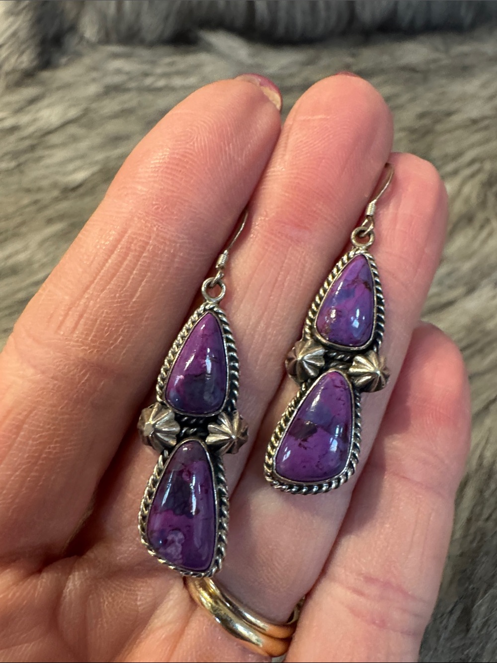 Native American- Running Bear Silver Drop Earrings with Purple Stone
